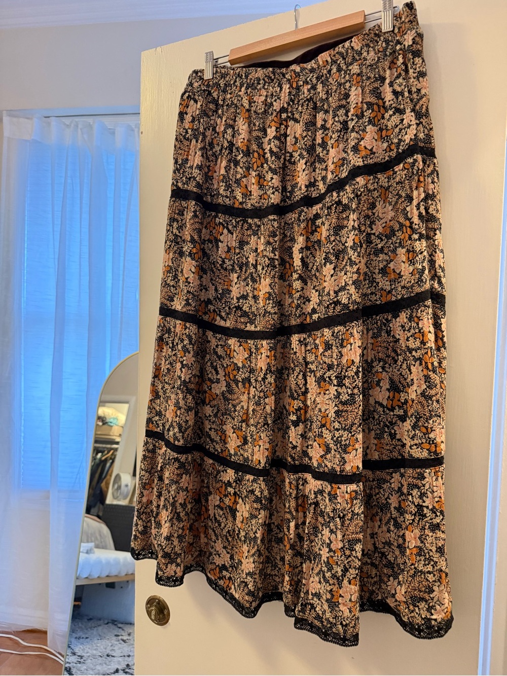 American Eagle Floral Tiered Maxi Skirt - Black & Peach